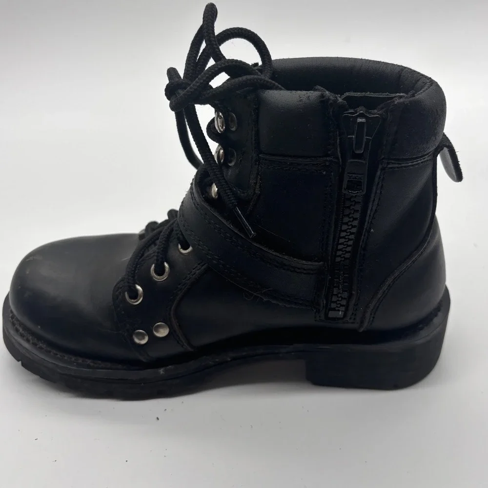 Ride Tecs Mens Black Leather Motorcycle Boots Lace Up Side Zip Lug Sole size 6
